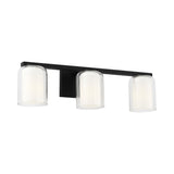 Orlando 3 Light Vanity 23", Matte Black, front view showing three glass cylinder shades on a rectangular backplate