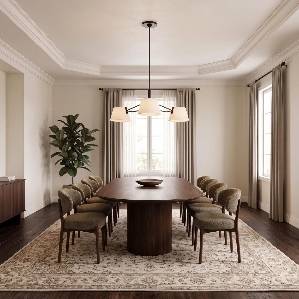 A contemporary dining room featuring the Barton 3 Light Chandelier in aged iron and white linen shades over a walnut table under a coffered ceiling.