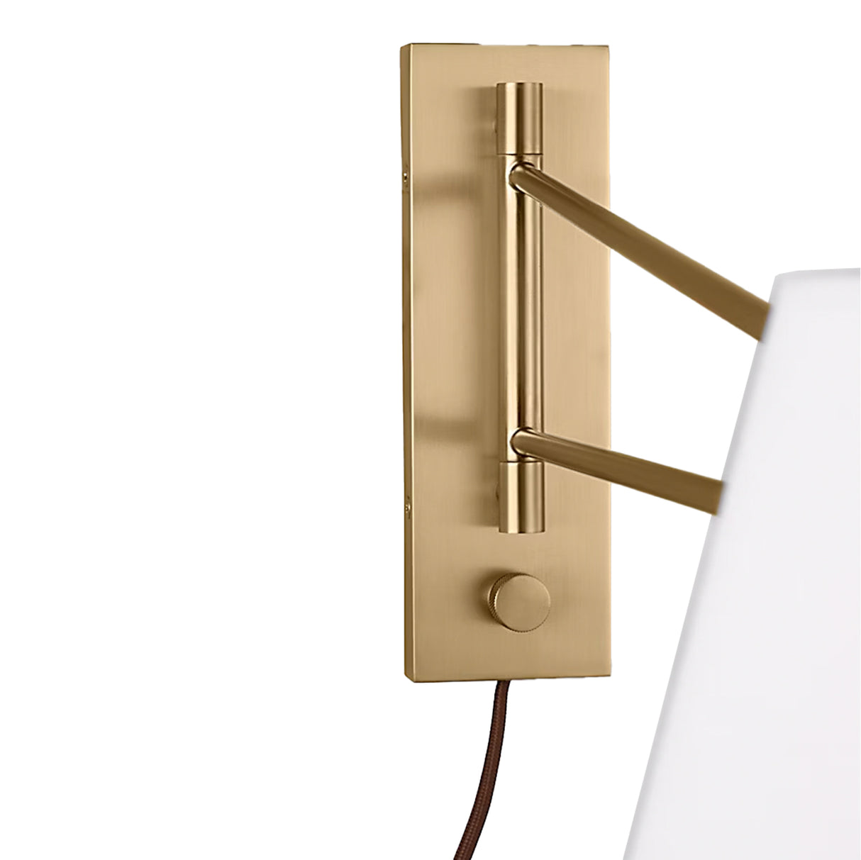 Barton Large Swing Arm Wall Sconce, Aged Brass and White Linen