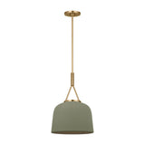 Stratford Small Pendant 12", Aged Brass and Thyme, front view showing the dome fabric shade and Aged Brass canopy and rod