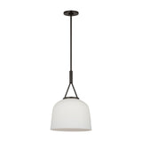 Stratford Small Pendant 12", Aged Iron and Opal Glass, front view showing dome opal glass shade and aged iron canopy