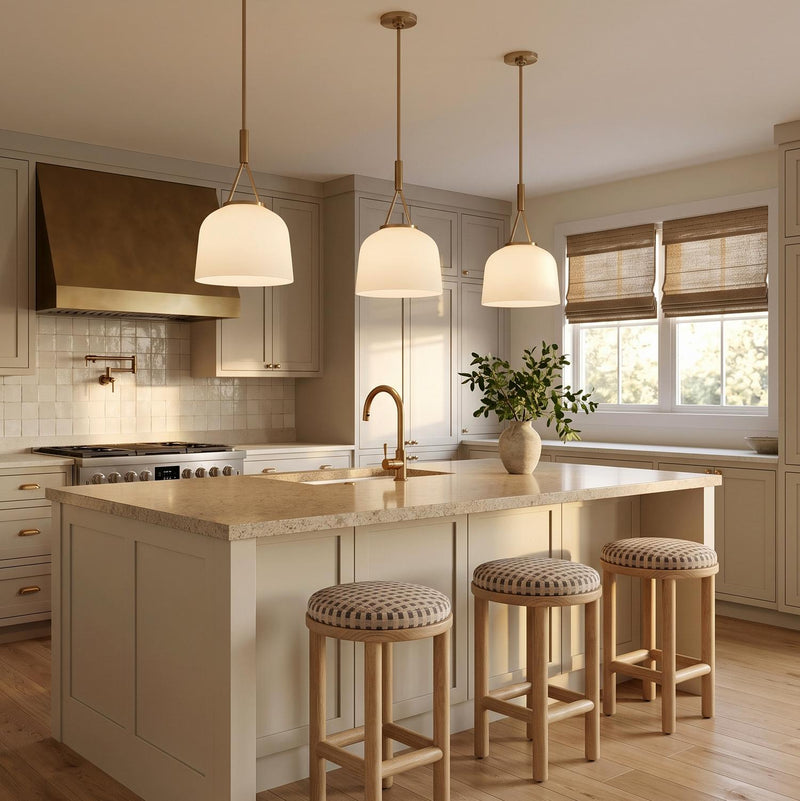 A transitional kitchen with three Stratford Small Pendants in aged brass and opal glass hanging over a beige stone island with neutral cream shaker cabinets.