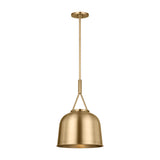 Stratford Small Pendant 12", Aged Brass, front view showing the aged brass dome shade on a slender rod