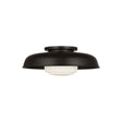 Stratford Medium Flush Mount 15", Aged Iron and Opal Glass, angled view showing the Aged Iron dome shade and opal glass