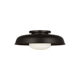 Stratford Medium Flush Mount 15", Aged Iron and Opal Glass, angled view showing the Aged Iron dome shade and opal glass