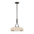 Stratford Medium Pendant 15", Aged Iron and Beige, front view showing beige drum shade with frosted glass diffuser below
