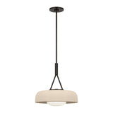 Stratford Medium Pendant 15", Aged Iron and Beige, front view showing beige drum shade with frosted glass diffuser below