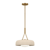 Stratford Medium Pendant 15", Aged Brass and Beige, front view showing beige drum shade on aged brass rod and canopy
