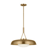 Stratford Large Pendant 20", Aged Brass, front view showing a wide dome shade with frosted glass below and a slim rod