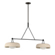 Stratford 2 Shade Linear Pendant 47", Aged Iron and Beige, front view showing two beige drum shades on an Aged Iron bar
