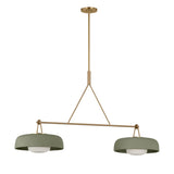 Stratford 2 Shade Linear Pendant 47", Aged Brass and Thyme, front view showing Thyme drum shades with white diffusers