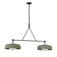 Stratford 2 Shade Linear Pendant 47", Aged Iron and Thyme, front view of thyme drum shades hanging from an aged iron bar