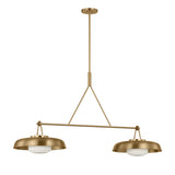 Stratford 2 Shade Linear Pendant 47", Aged Brass, front view showing two aged brass dome shades with white glass