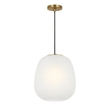 Tamar Pendant 13", Satin Brass and Frosted Glass, front view, frosted glass globe shade on black cord, Satin Brass canopy