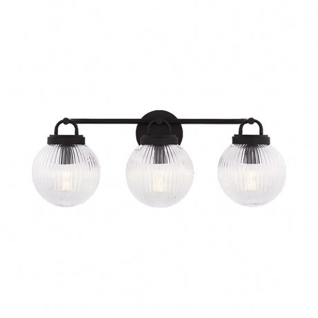 Whitaker 3 Light Vanity 24", Matte Black and Clear Ribbed Glass
