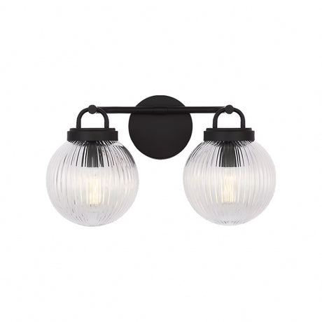 Whitaker 2 Light Vanity 16", Matte Black and Clear Ribbed Glass