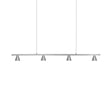 A modern linear four-light pendant ceiling fixture in a brushed silver finish, suspended by two thin cables against a solid white background.