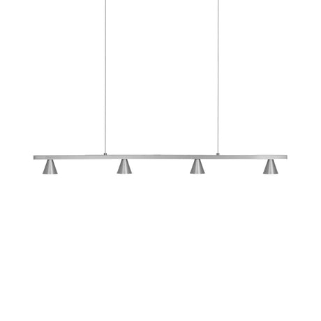 A modern linear four-light pendant ceiling fixture in a brushed silver finish, suspended by two thin cables against a solid white background.
