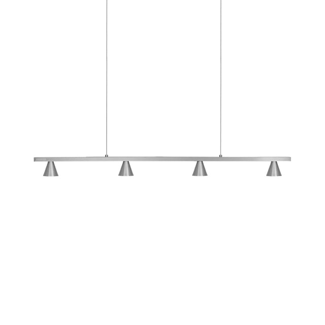 A modern linear four-light pendant ceiling fixture in a brushed silver finish, suspended by two thin cables against a solid white background.