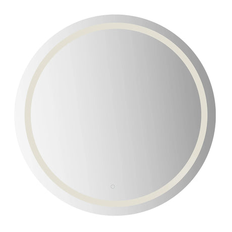 Clement Round LED Mirror 40" x 40", Silver, front view of the round mirror with a lit LED ring and bottom touch button