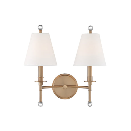 Bellamy Double Wall Sconce 20", Aged Brass and White Fabric