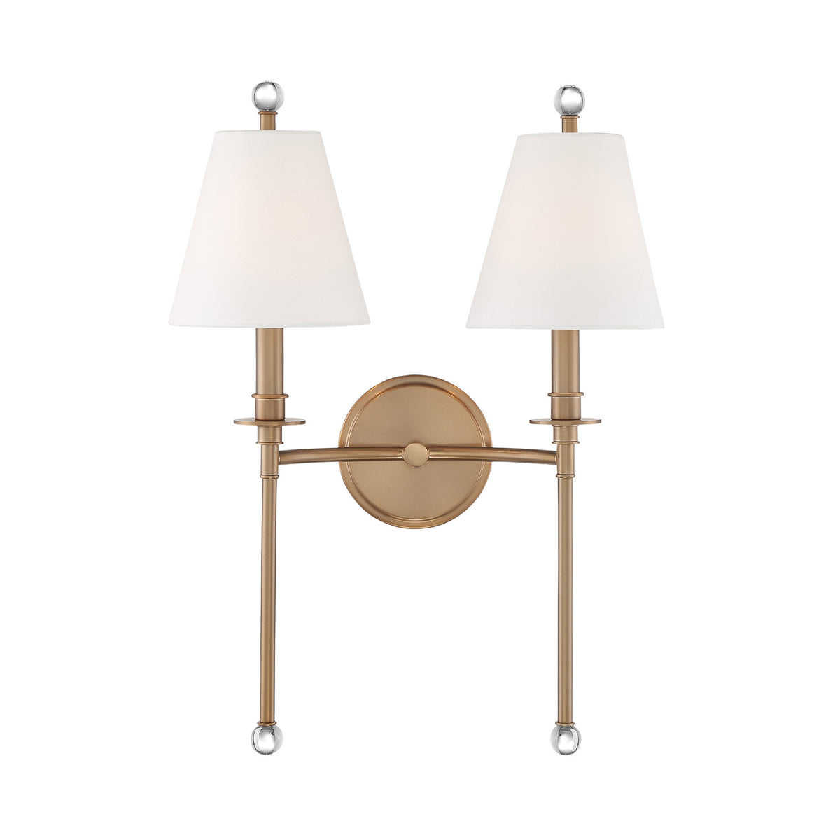 Bellamy Double Wall Sconce 20", Aged Brass and White Fabric