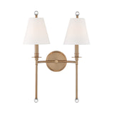Bellamy Double Wall Sconce 20", Aged Brass and White Fabric