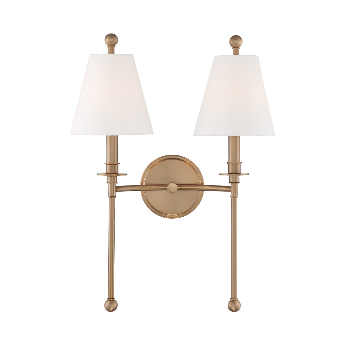 Bellamy Double Wall Sconce 20", Aged Brass and White Fabric