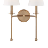 Bellamy Double Wall Sconce 20", Aged Brass and White Fabric