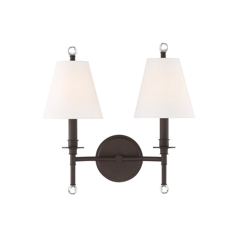 Bellamy Double Wall Sconce 20", Bronze and White Fabric, front view with glass ball finials over tapered white fabric shades