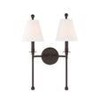 Bellamy Double Wall Sconce 20", Bronze and White Fabric, front view with bronze ball finials and tapered white fabric shades
