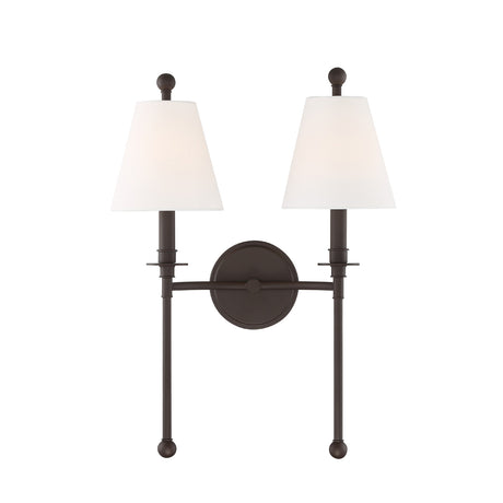 Bellamy Double Wall Sconce 20", Bronze and White Fabric, front view with bronze ball finials and tapered white fabric shades