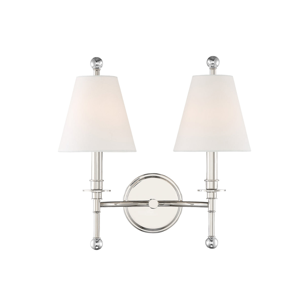 Bellamy Double Wall Sconce 20", Polished Nickel and White Fabric