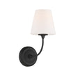 Estelle Wall Sconce 13", Forged Black and Opal Glass, three-quarter view showing curved arm and tapered shade