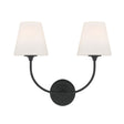 Estelle 2 Light Vanity Sconce 14", Forged Black and Opal Glass, front view with two lit tapered opal glass shades