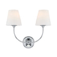 Estelle 2 Light Vanity Sconce 14", Chrome and Opal Glass, front view with tapered opal glass shades on curved chrome arms