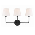Estelle 3 Light Vanity 23", Forged Black and Opal Glass, front view, three tapered fabric shades on a Forged Black bar