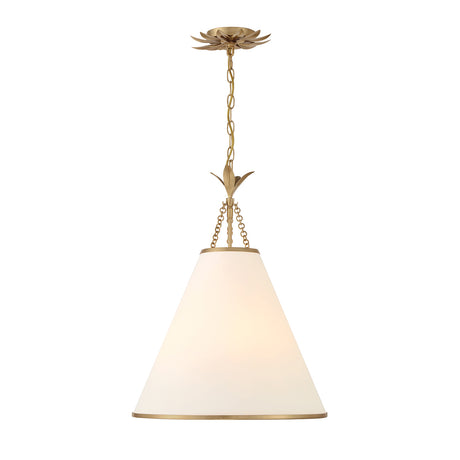 Alice Conical Pendant 18", Antique Gold with Fabric Shade, front view, floral canopy, chain, and cone fabric shade