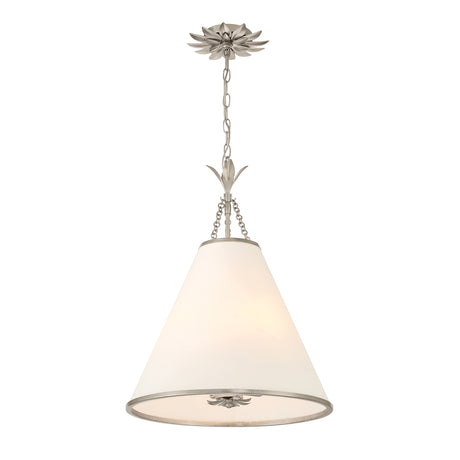 Alice Conical Pendant 18", Antique Silver with Fabric Shade, angled view of the shade opening and floral center