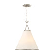Alice Conical Pendant 18", Antique Silver with Fabric Shade, front view of the glowing cone fabric shade and flower canopy