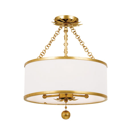 Alice Semi-Flush 14", Antique Gold with Fabric Shade, front view showing white drum fabric shade on chains