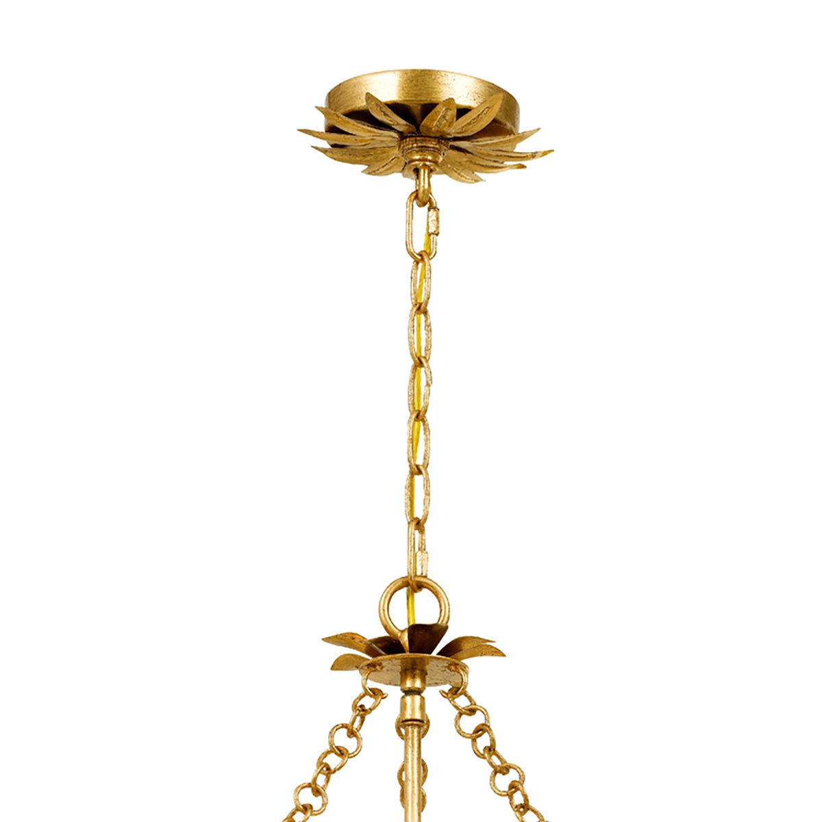 Alice Drum Chandelier 14", Antique Gold with Fabric Shade, detail of the antique gold leaf canopy and hanging chain