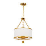 Alice Drum Chandelier 14", Antique Gold with Fabric Shade, front view showing white drum fabric shade with antique gold trim