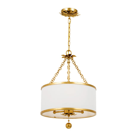 Alice Drum Chandelier 14", Antique Gold with Fabric Shade, front view showing white drum fabric shade with antique gold trim