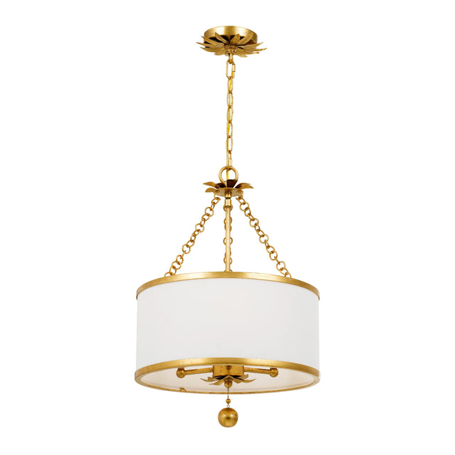 Alice Drum Chandelier 14", Antique Gold with Fabric Shade, front view showing white drum fabric shade with antique gold trim