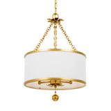 Alice Drum Chandelier 14", Antique Gold with Fabric Shade, from below showing antique gold arms inside the drum shade
