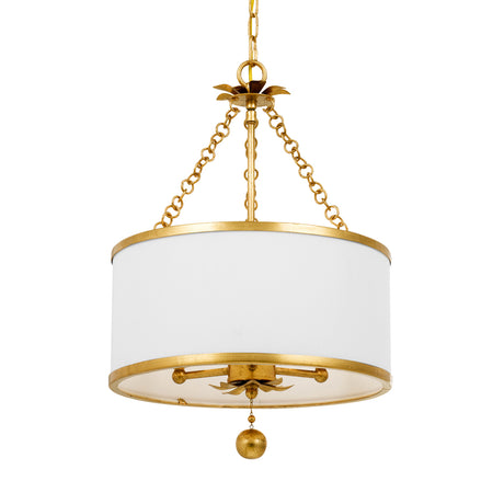 Alice Drum Chandelier 14", Antique Gold with Fabric Shade, from below showing antique gold arms inside the drum shade