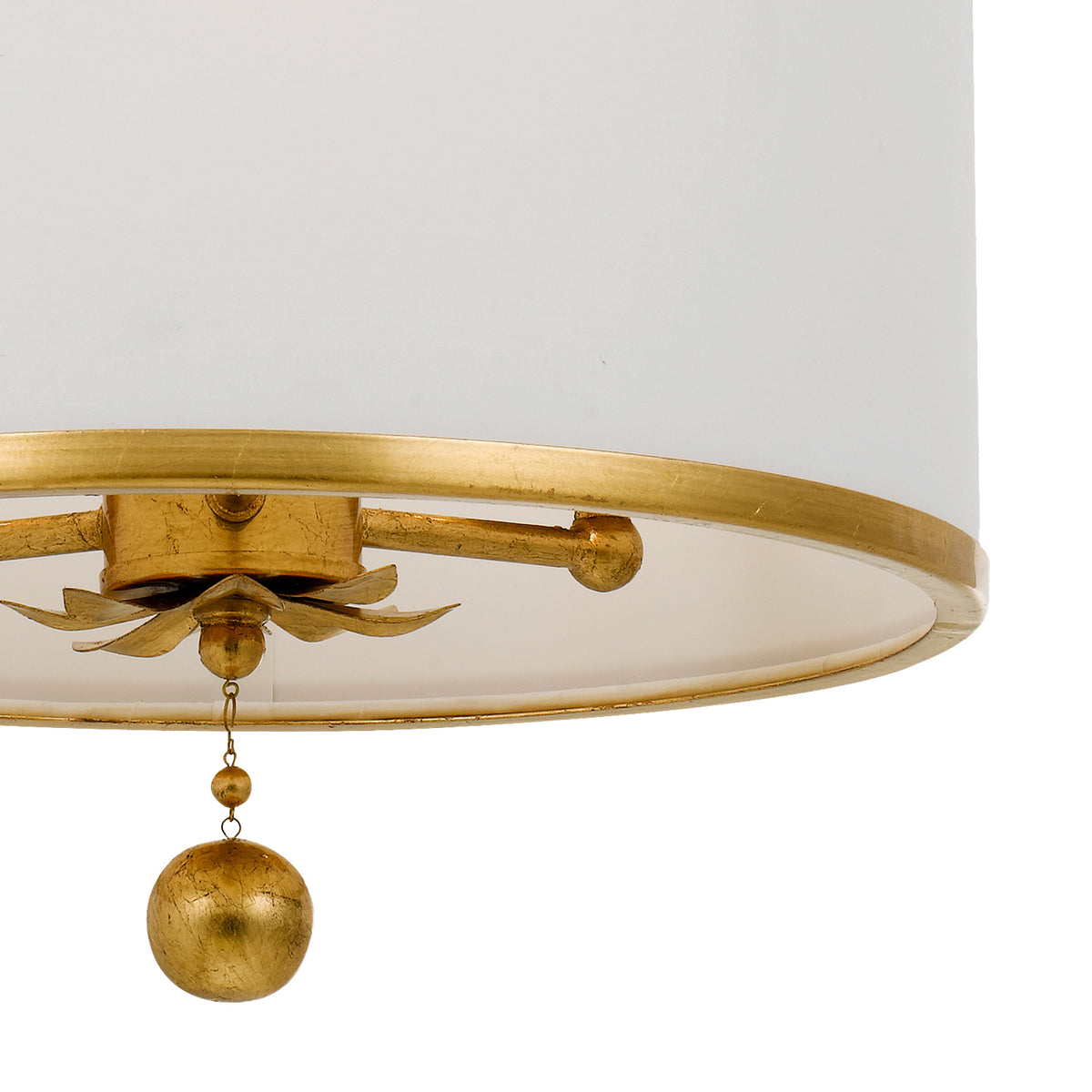 Alice Drum Chandelier 14", Antique Gold with Fabric Shade, close-up of the antique gold ball finial under the shade