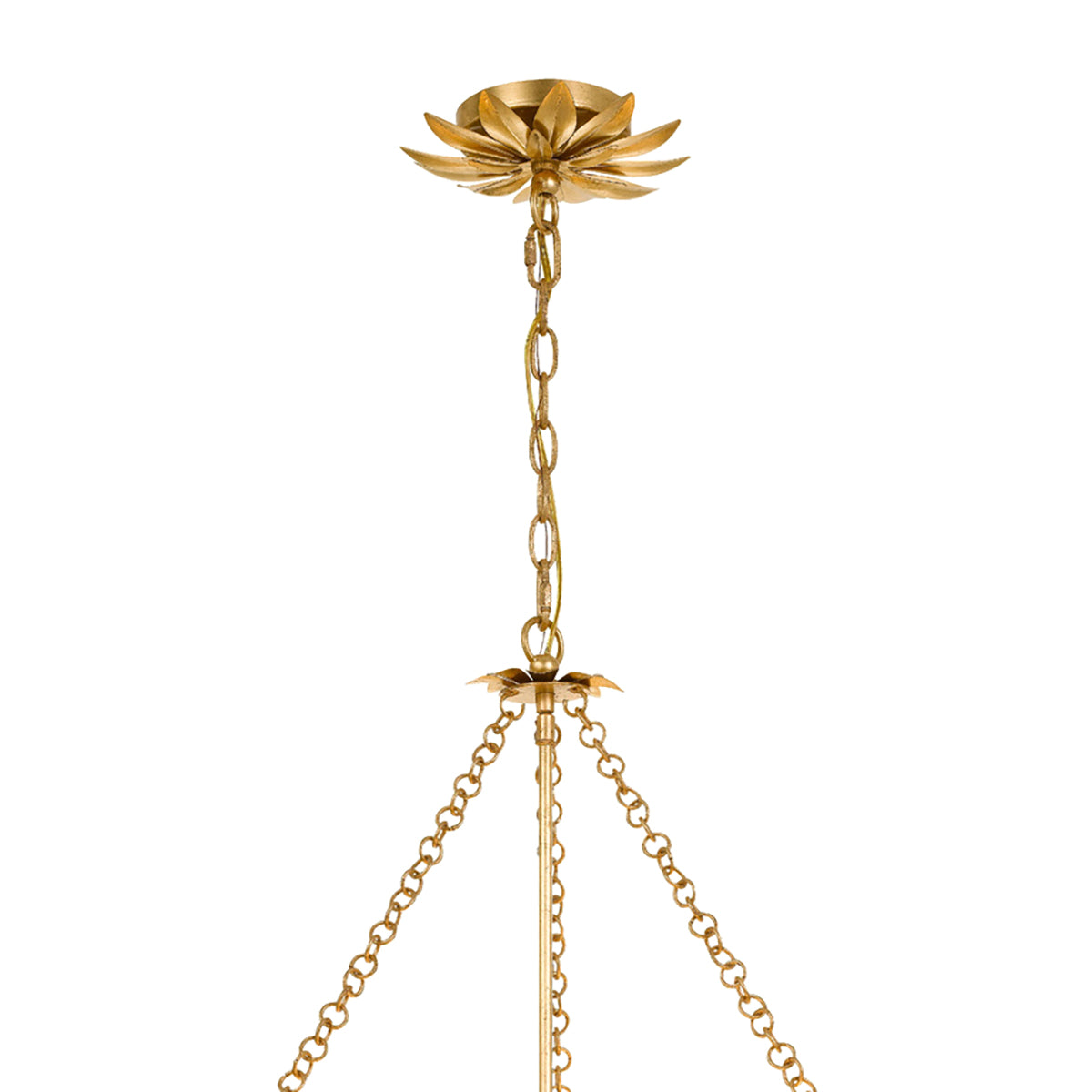 Alice Drum Chandelier 24", Antique Gold with Fabric Shade, close-up of leaf-shaped canopy and hanging chain