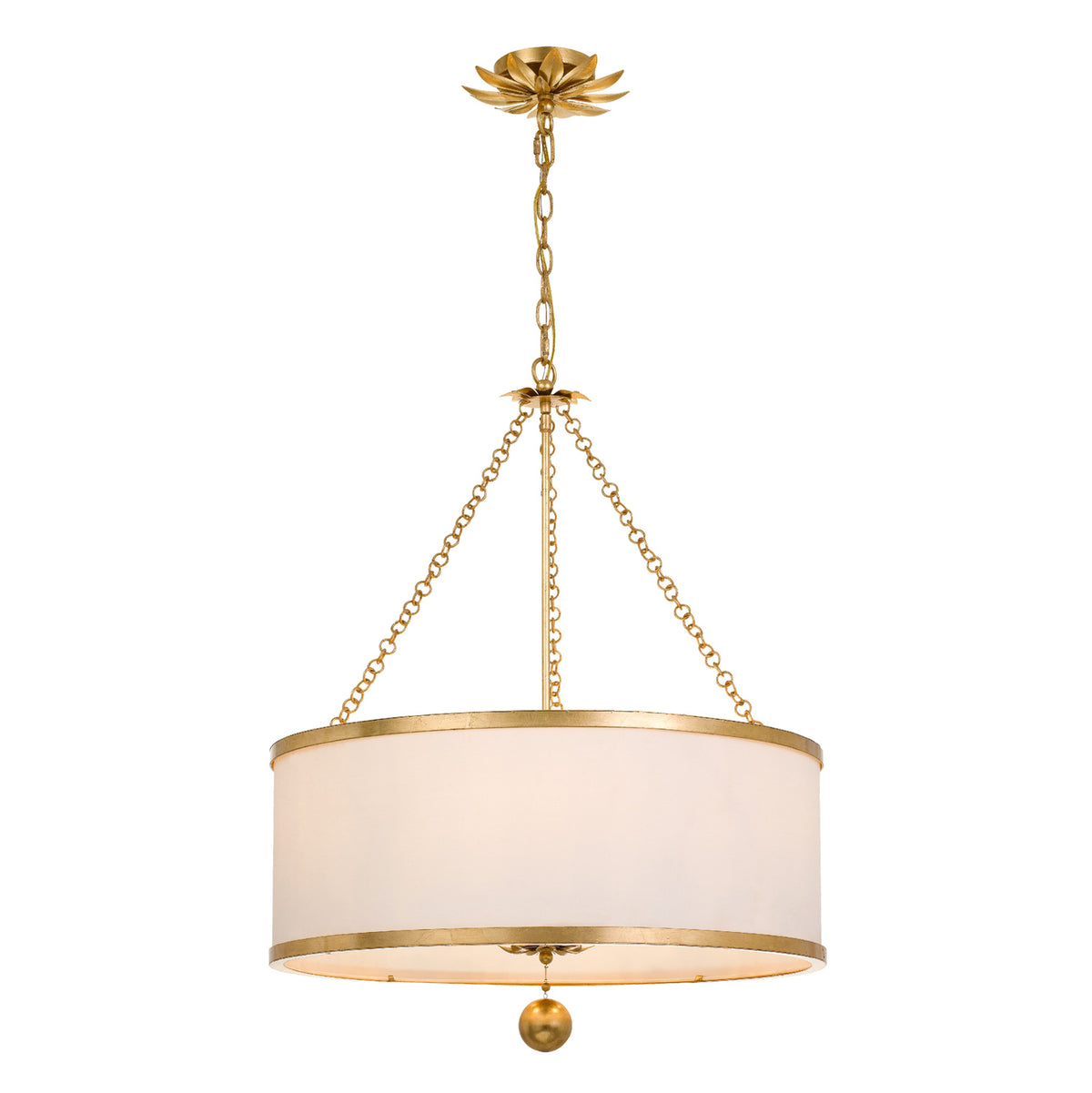 Alice Drum Chandelier 24", Antique Gold with Fabric Shade, angled view showing center rod between side chains